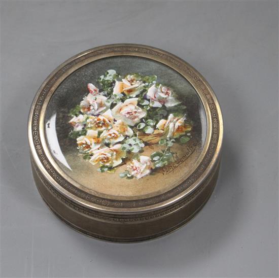 A late 19th/early 20th century French engine turned 950 standard white metal circular box and cover,
